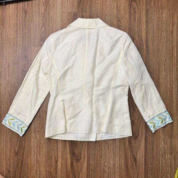Sigrid Olsen Linen Blend Blazer Womens 6 Ivory Embroidered Floral Snap FLAW - Picture 2 of 10